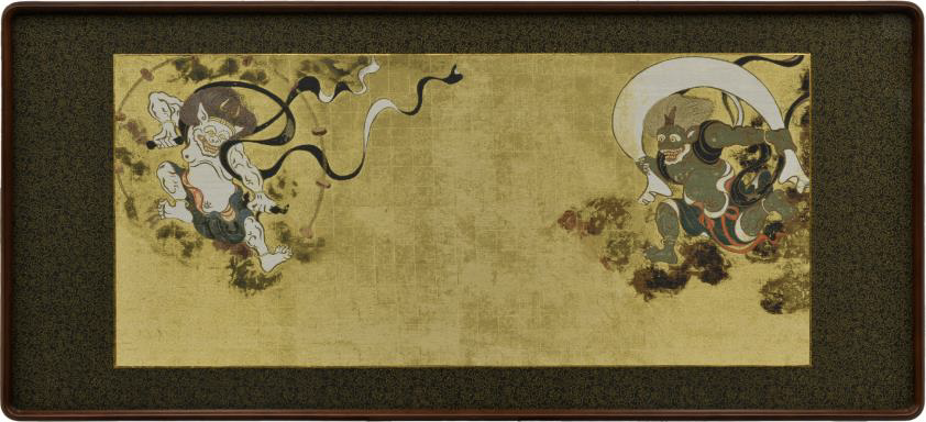 “Wind God and Thunder God” by Tawaraya Sotatsu Framed Presentation: Large Size Woven Painting Size : 45×100cm  Framed Size : 61×131cm 