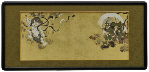 “Wind God and Thunder God” by Tawaraya Sotatsu Framed Presentation: Small Size Woven Painting Size : 25×55cm  Framed Size : 42×87cm